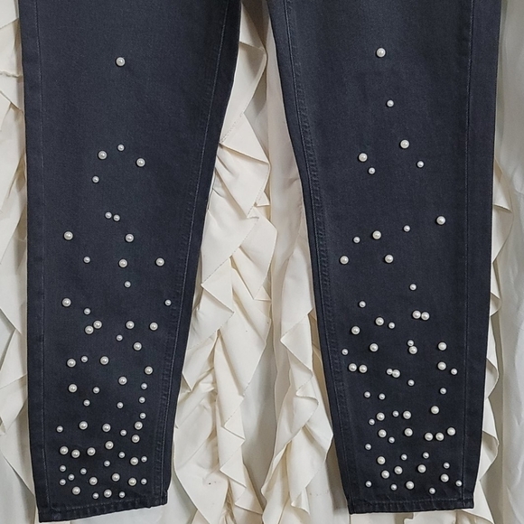 NWT Zara Mom Fit Jeans Pearl Embellished Tapered Leg 4 High Waisted Black Rigid - Picture 4 of 7